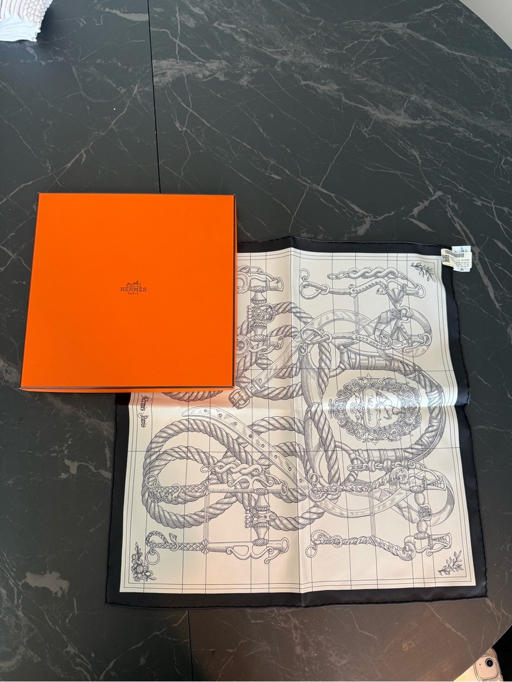 Hermes Navy and Cream Silk Scarf with Rope & Equestrian Motif